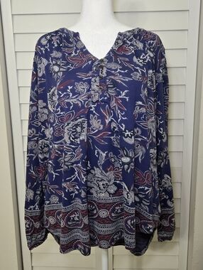 Lucky Brand Blue Paisley Henley Shirt Long Sleeve Size XL